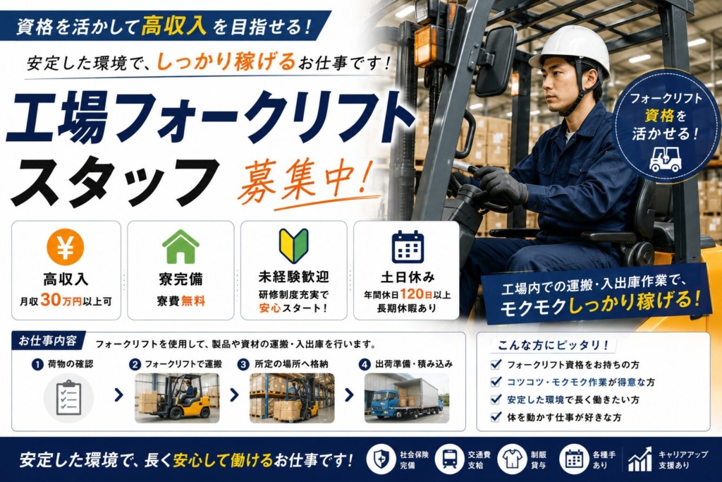 【福岡県京都郡苅田町】月収35万円以上｜寮費無料｜自動車フォークリフトスタッフ｜土日休み｜日払いOK｜未経験歓迎
