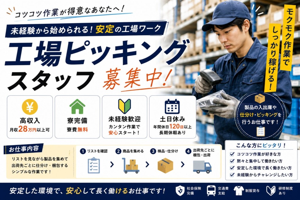【福岡県行橋市】月収27万円以上｜自動車部品ピッキングスタッフ｜土日休み｜日払いOK｜未経験歓迎