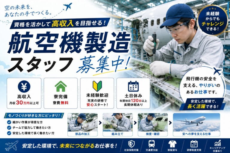 【愛知県名古屋市】月収35万円以上｜寮完備｜航空機製造スタッフ｜土日休み｜日払いOK｜未経験歓迎