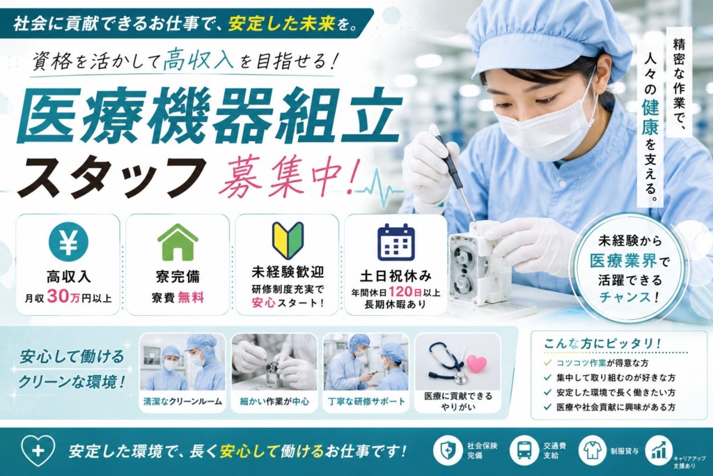 【愛知県瀬戸市】医療機器組立スタッフ｜土日祝休み｜日払いOK｜未経験歓迎